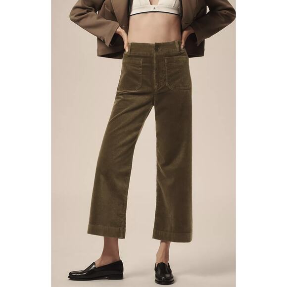 Maeve Anthropologie The Collette Pant Corduroy Crop Wide Leg Olive Size 27 - Picture 1 of 11